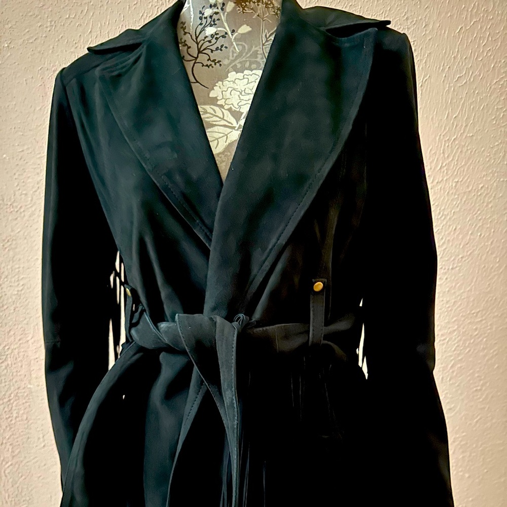 Leather fringe long women’s coat